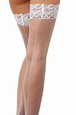 Dreamgirl Stay Up White Fishnet Thigh Highs With Backseams