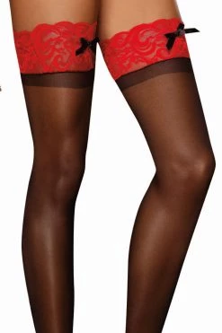 Dreamgirl Hosiery Sheer Black Stockings With Red Lace Tops