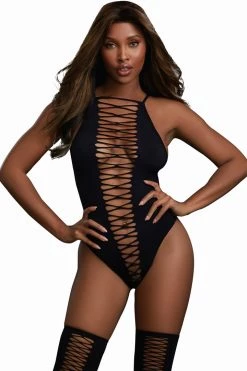 Dreamgirl Crisscross Opaque Teddy & Crisscross Stockings Bodystocking Lingerie
