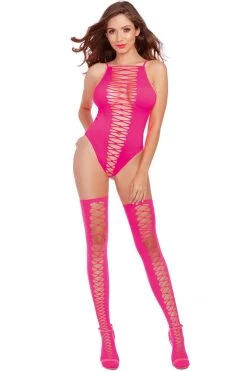 Dreamgirl Bodystocking Lingerie Neon Pink Crisscross Opaque Teddy & Crisscross Stockings