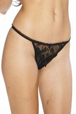 Shirley Of Hollywood Black Scalloped Embroidery Open Front Thong