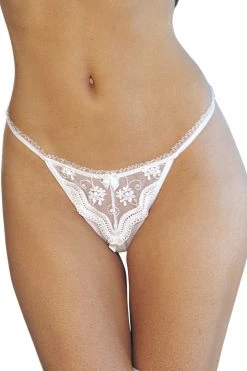 Shirley Of Hollywood Lingerie White Scalloped Embroidery Open Front Thong