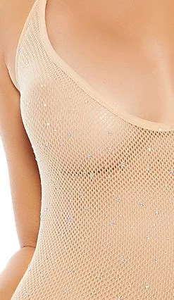 Popsi Bodystocking Lingerie Cream Halter Body Stocking With Rhinestones