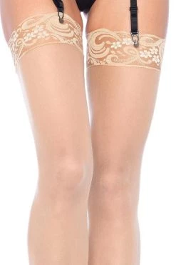 Leg Avenue Beige Sheer Thigh High Stockings With Lace Tops Hosiery