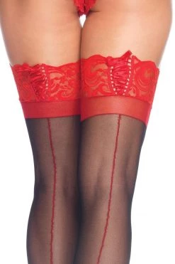 Leg Avenue Black Thigh High Stockings With Red Cuban Foot Heel Hosiery