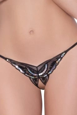 Seven Til Midnight Black Sequin Butterfly Crotchless Panty Lingerie