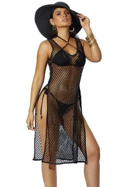 Elegant Moments Black Crochet Swim Cover-Up Dress