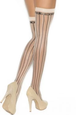 Elegant Moments Hosiery Beige Pin Striped Thigh High Stockings