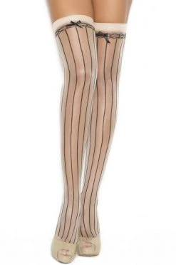 Elegant Moments Hosiery Beige Pin Striped Thigh High Stockings
