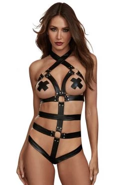 Dreamgirl Fiery Faux Leather Teddy & Wrist Restraints BDSM Lingerie