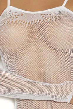 Elegant Moments White Fishnet Mini Dress & Gloves Set Bodystocking Lingerie