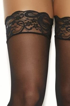 Elegant Moments Black Sheer Thigh Highs With Silicone Lace Tops
