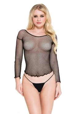 Music Legs Lingerie Black Long Sleeve Fishnet Cami