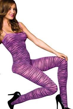 Music Legs Neon Purple Opaque Zebra Print Crotchless Bodystocking Bodystocking Lingerie