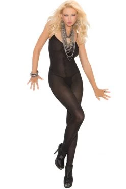 Elegant Moments Black Opaque Crotchless Body Stocking Bodystocking Lingerie