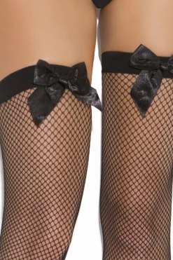 Elegant Moments Black Fishnet Thigh High Stockings With Black Bows