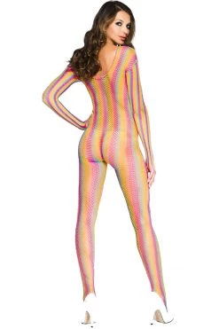 Music Legs Rainbow Striped Fishnet Body Stocking Bodystocking Lingerie