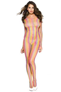 Music Legs Rainbow Striped Fishnet Body Stocking Bodystocking Lingerie