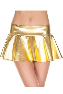 Music Legs Wet Look Gold Pleated Mini Skirt