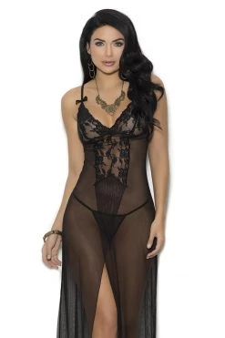 Elegant Moments Black Mesh Long Night Gown Set Lingerie