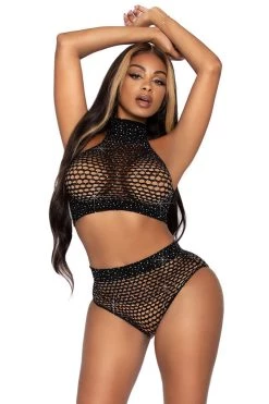 Leg Avenue Two Piece Black Rhinestone Oval Net Crop Top And High Waist Bottoms