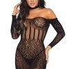 Leg Avenue Bodystocking Lingerie Black Lace Long Sleeve Halter Choker Mini Dress