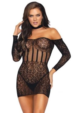 Leg Avenue Bodystocking Lingerie Black Lace Long Sleeve Halter Choker Mini Dress