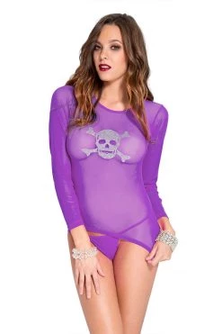 Music Legs Long Sleeve Purple Blouse With Skull & Crossbones Lingerie