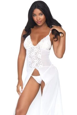 Leg Avenue Lingerie Two Piece White Mesh And Lace High Slit Gown With G-string