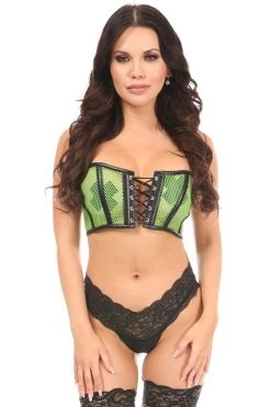 Daisy Corsets Lingerie Lavish Neon Green Fishnet & Faux Leather Lace-Up Short Bustier Top*
