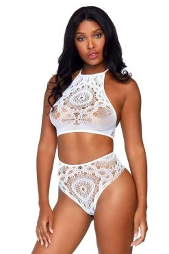 Leg Avenue Two Piece White Boho Crochet Lace Halter Top And Thong Set Bodystocking Lingerie 8 Leg Avenue Two Piece White Boho Crochet Lace Halter Top And Thong Set Bodystocking Lingerie