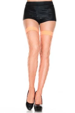 Music Legs Fishnet Neon Orange Diamond Net Stockings With Wide Bands