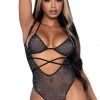 Leg Avenue 2 Piece Black Rhinestone Mesh Wrap Around Bikini Top And Suspender Bodysuit