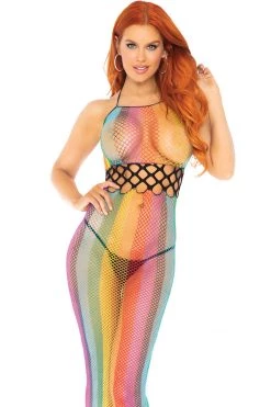 Leg Avenue Bodystocking Lingerie Rainbow Net Long Halter Dress