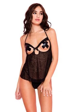 Music Legs Black Peek-a-boo Swirl Pattern Mesh Cami With G-string Lingerie
