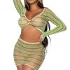 Leg Avenue 2 Piece Green Zig Zag Net Gauntlet Sleeve Crop Top And Mini Skirt