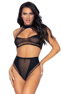 Leg Avenue Lingerie Two Piece Black Net Keyhole Halter Crop Top And Panty