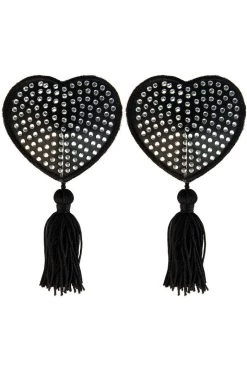 XGEN Lingerie Black Satin Heart/White Stones & Tassel Nipple Pasties