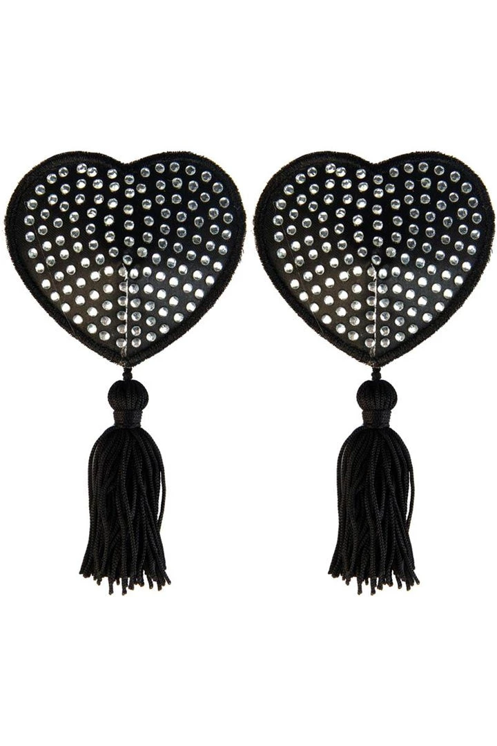 XGEN Lingerie Black Satin Heart/White Stones & Tassel Nipple Pasties 4 XGEN Lingerie Black Satin Heart/White Stones & Tassel Nipple Pasties
