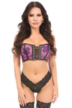 Daisy Corsets Lingerie Lavish Purple Fishnet & Faux Leather Lace-Up Short Bustier Top*