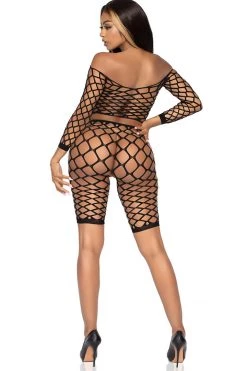 Leg Avenue Two Piece Black Net Crop Top And Bike Shorts Set Bodystocking Lingerie