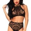 Leg Avenue Two Piece Black Boho Crochet Lace Halter Top And Thong Set Bodystocking Lingerie