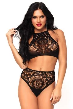 Leg Avenue Two Piece Black Boho Crochet Lace Halter Top And Thong Set Bodystocking Lingerie