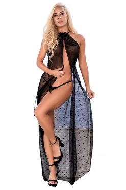 Mapale Black Mesh Halter Nightgown Lingerie