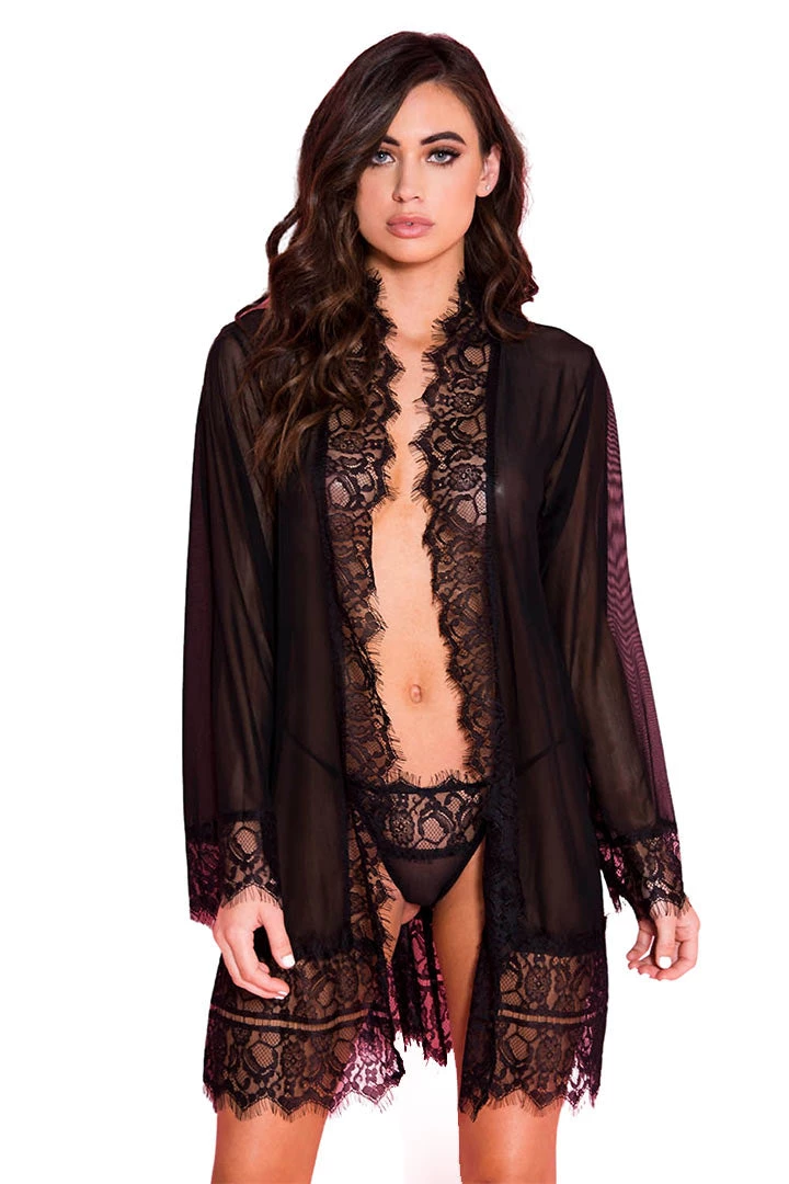 Music Legs Lingerie Black Sheer Robe With Eyelash Lace Hemline And G-string 3 Music Legs Lingerie Black Sheer Robe With Eyelash Lace Hemline And G-string