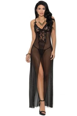 Elegant Moments Black Mesh Long Night Gown Set Lingerie