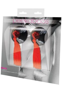 XGEN Black & Red Sequin With Black Tassel Nipple Pasties