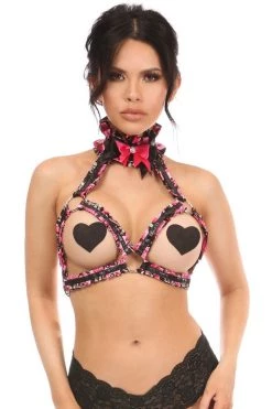 Daisy Corsets Lingerie Kitten Collection Pink Floral Satin Triangle Top Body Harness*