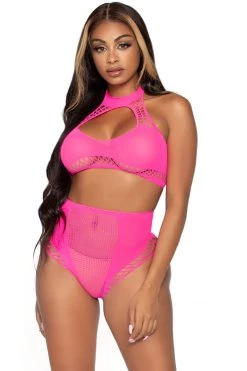 Leg Avenue Two Piece Neon Pink Net Keyhole Halter Crop Top And Panty