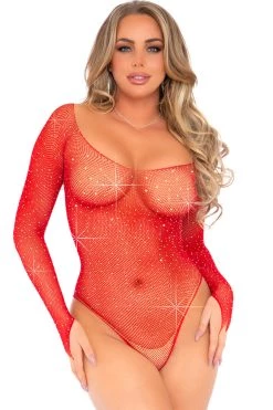 Leg Avenue Bodystocking Lingerie Red Rhinestone Long Sleeve Fishnet Bodysuit With Snap Crotch